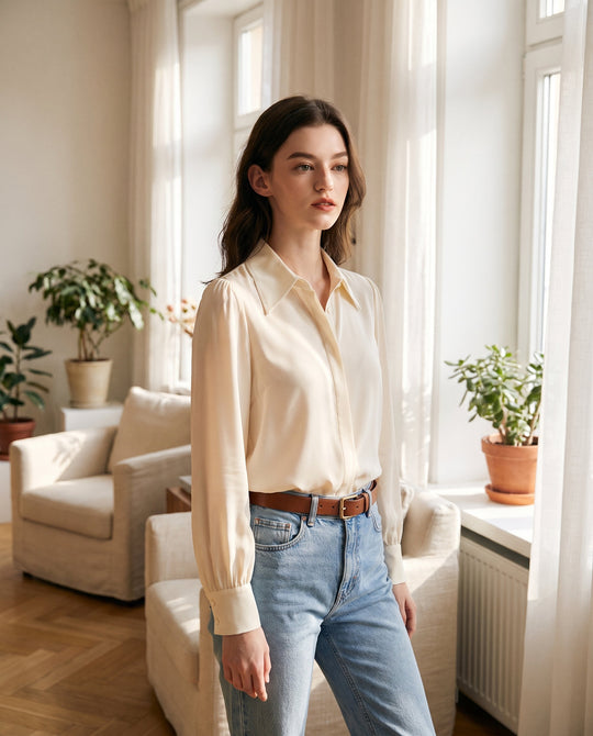 Chemise classique en soie de mûrier 19 momme – vue portée – StudioSoie
