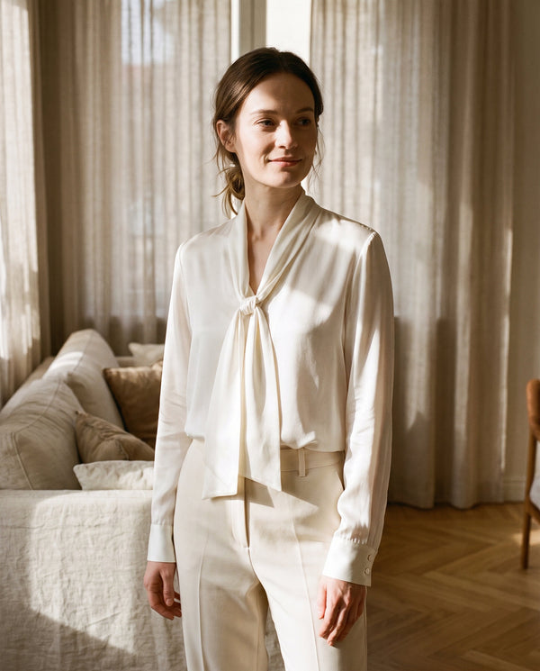 Damen-Lavallière-Bluse aus 90 % Maulbeerseide - Langarm
