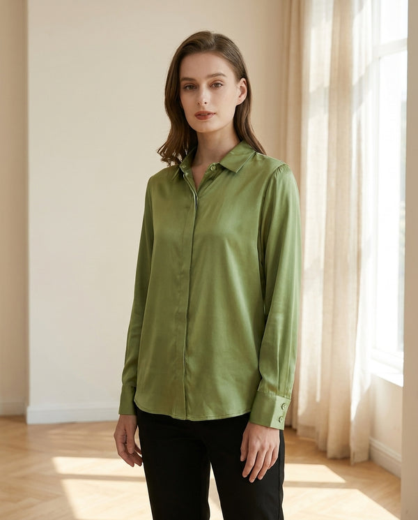 Blusa de seda de morera 93 % - Manga larga con cuello camisero para mujer