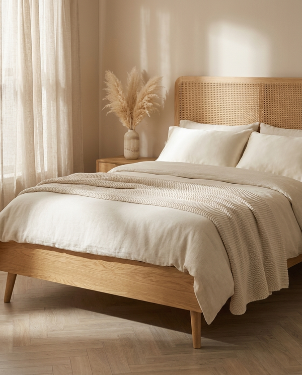 Cama de Casal ELARA 160×200 cm - Cabeceira em Rattan Trançado, Estrado Incluído