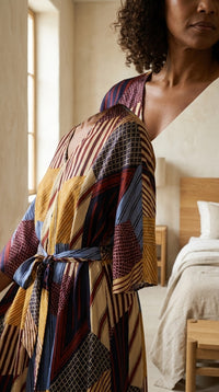 Robe Mi-Longue en Soie de Mûrier 100 % — Col V Ceinturée Imprimé Patchwork Femme — détail du décolleté | StudioSoie
