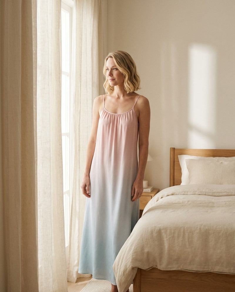 Vestido de alças de seda de amoreira — degradé, corte em A, sem mangas para mulher