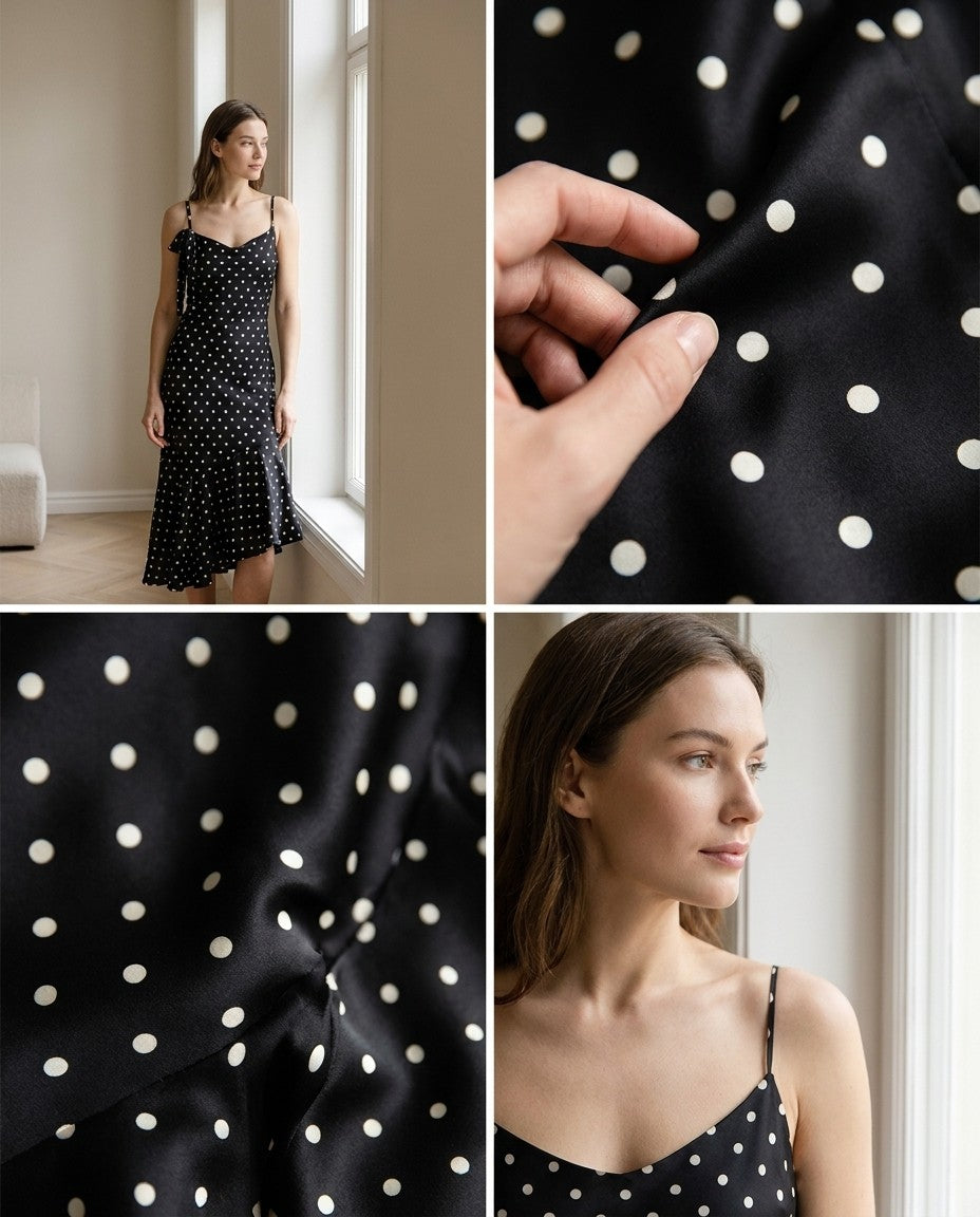Robe à pois en soie de mûrier coupe biais — détail de la matière | StudioSoie
