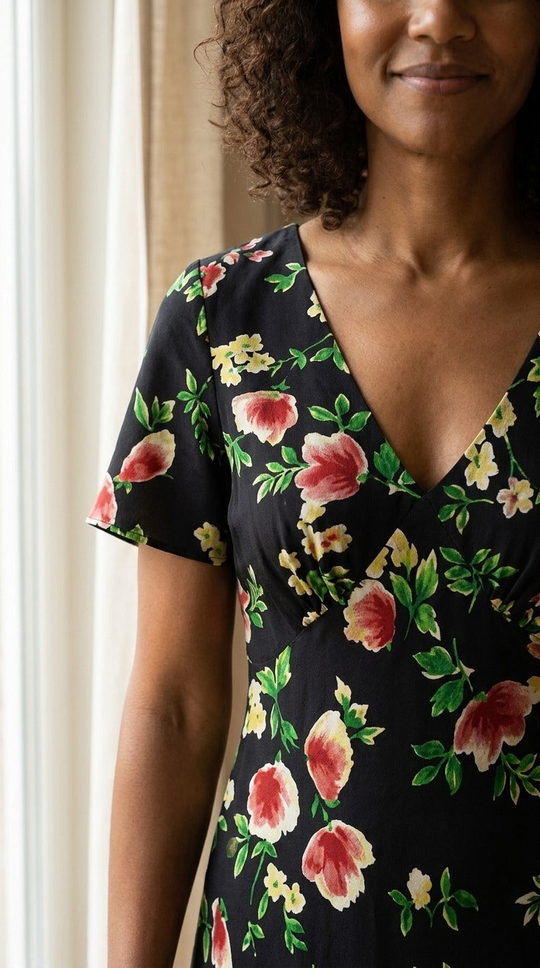 Robe Longue en Crêpe de Soie 100 % — Col V Imprimé Floral Femme — détail du décolleté | StudioSoie