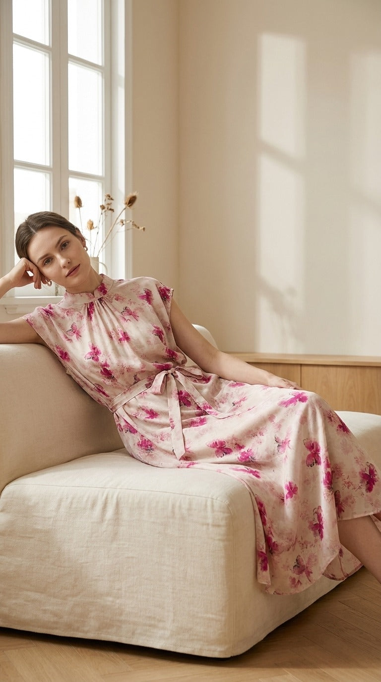 Robe Longue en Soie de Mûrier — Col Officier Ceinturée Fleurs de Cerisier Femme — à plat sur lin | StudioSoie