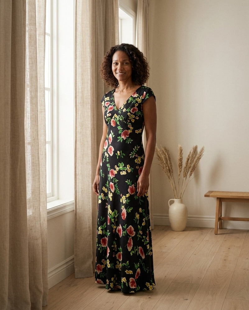 Robe Longue en Crêpe de Soie 100 % — Col V Imprimé Floral Femme