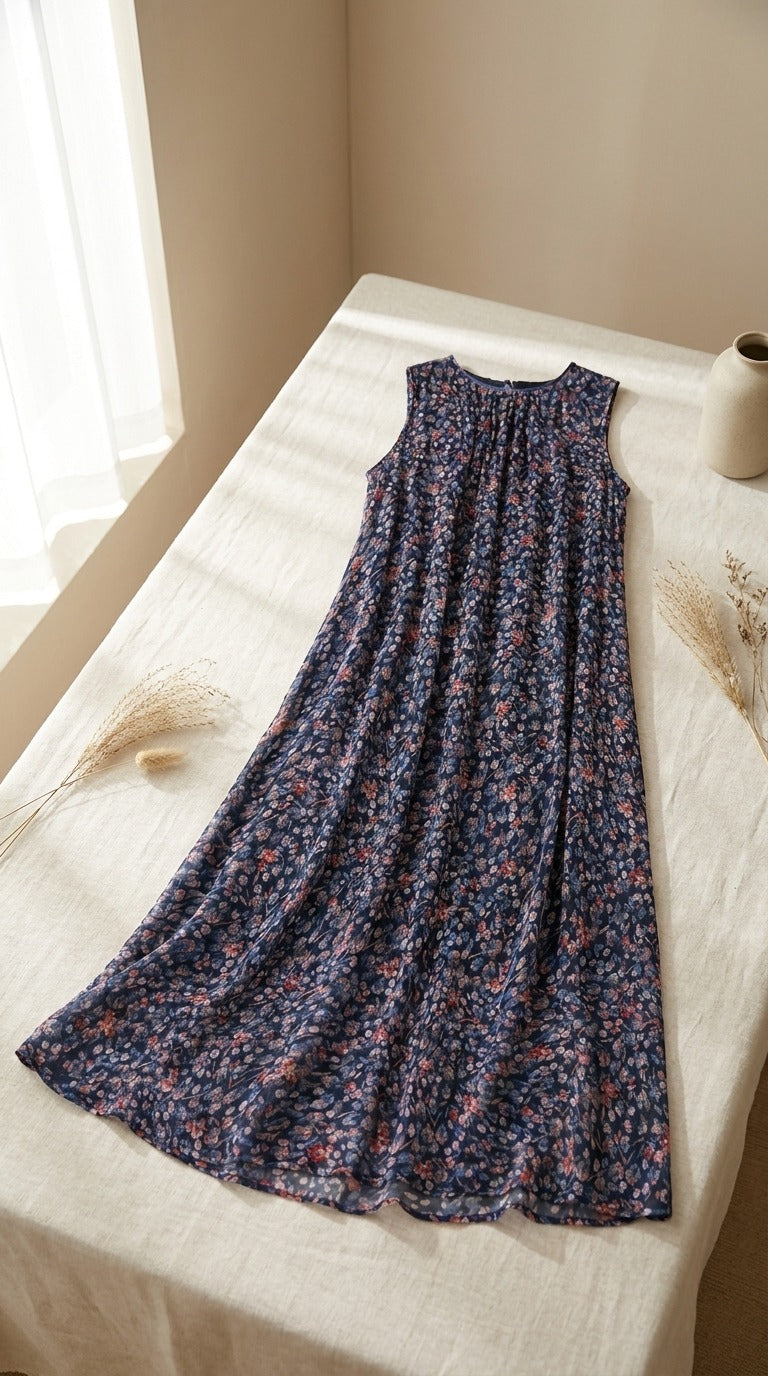 Robe Midi en Georgette de Soie — Double Épaisseur Imprimé Floral Femme — à plat sur lin | StudioSoie