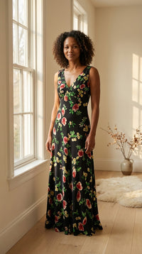 Robe Longue en Crêpe de Soie 100 % — Col V Imprimé Floral Femme — silhouette entière | StudioSoie