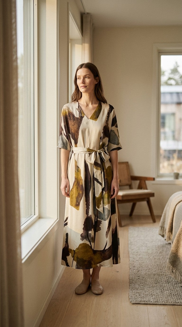 Robe midi en soie de mûrier col V ceinturée — silhouette complète | StudioSoie