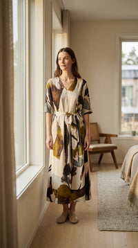 Robe midi en soie de mûrier col V ceinturée — silhouette complète | StudioSoie