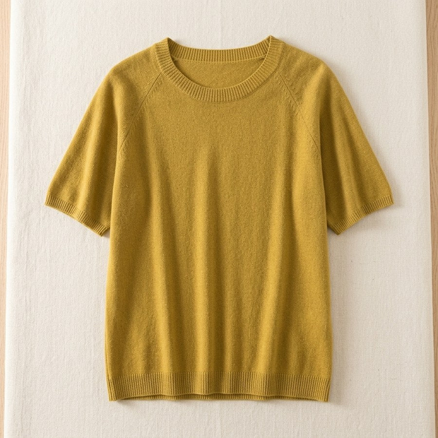Pull en laine mérinos 100% col rond manches courtes femme - coloris Beige | StudioSoie