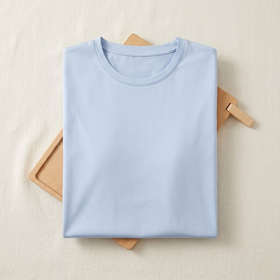 T-shirt soie & coton manches courtes femme - coloris Bleu Layette | StudioSoie