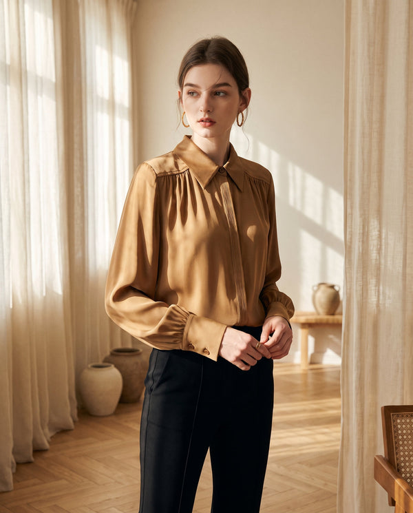Camisa holgada de seda de morera de 19 momme - mangas abullonadas para mujer