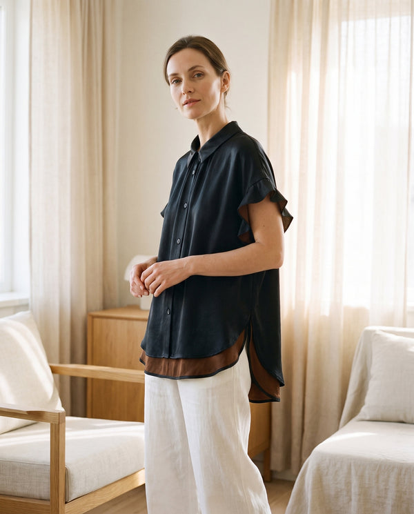 Camisa de seda - 90% seda de morera, manga corta con volantes para mujer