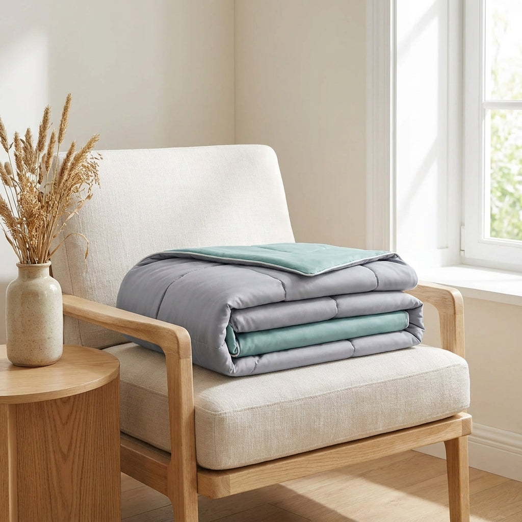 Couette d'été rafraîchissante pliée dans une chambre cosy