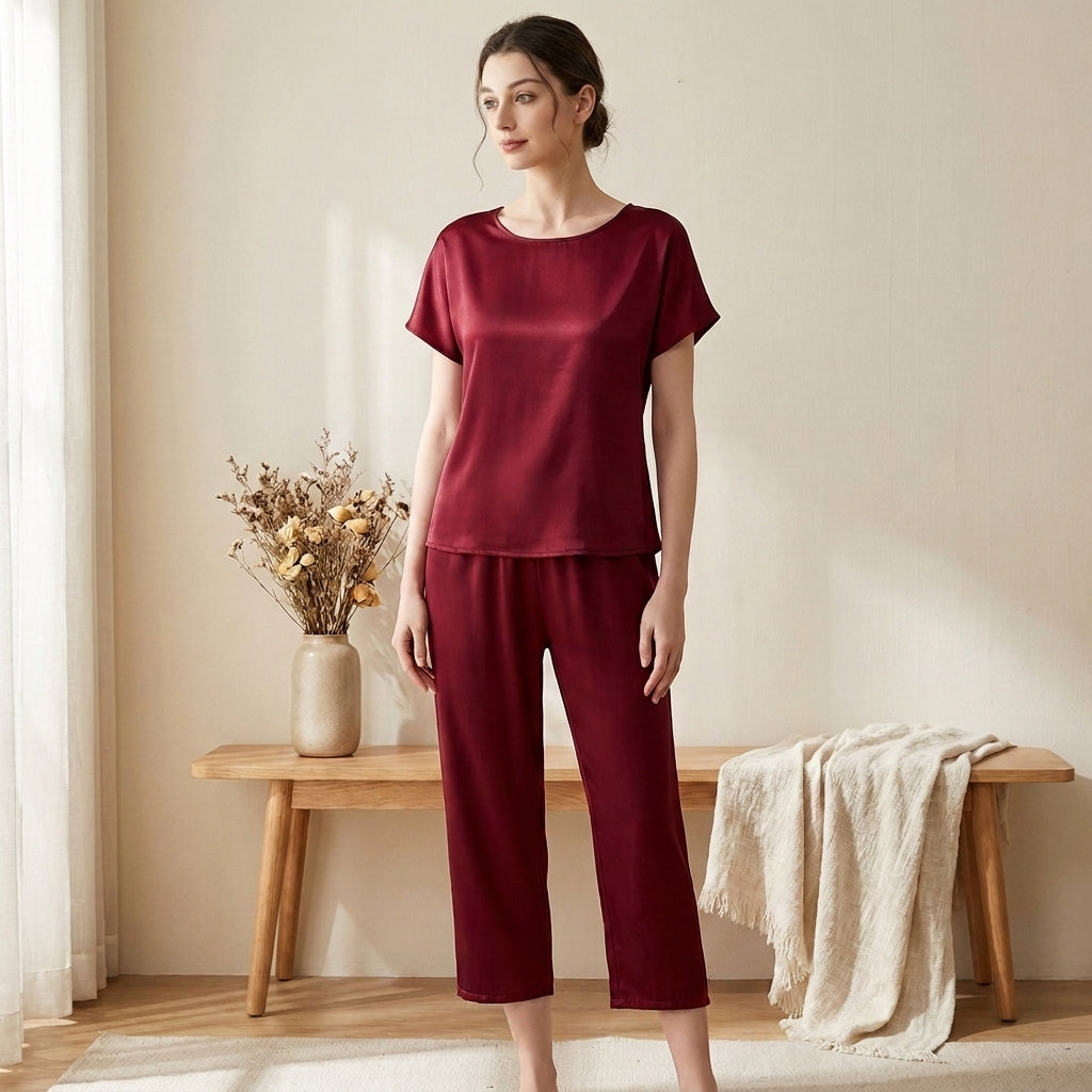 Ensemble Pyjama en Soie de Mûrier 19 Momme - Haut Manches Courtes & Pantalon Capri Femme - StudioSoie