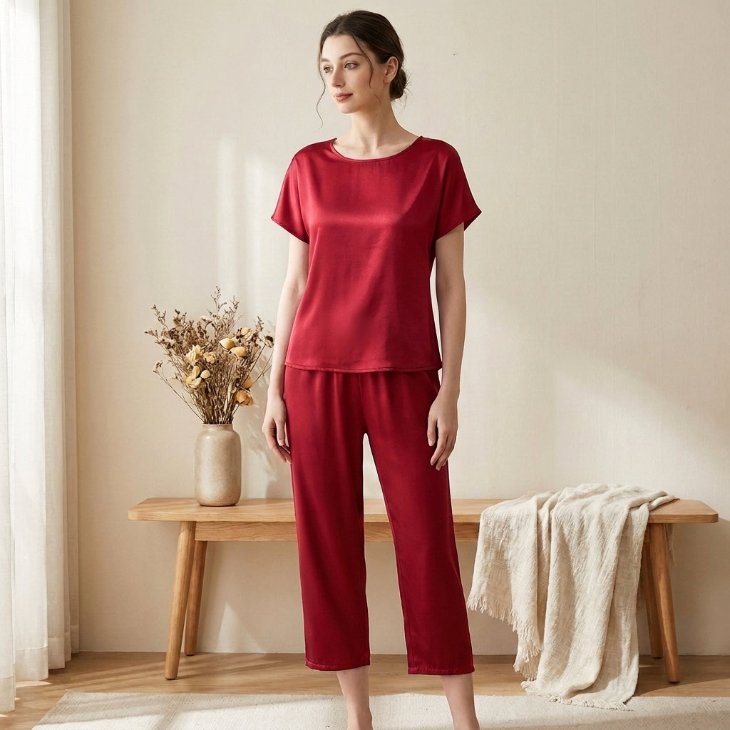 Ensemble Pyjama en Soie de Mûrier 19 Momme - Haut Manches Courtes & Pantalon Capri Femme - StudioSoie