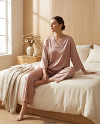 Ensemble Pyjama en Soie de Mûrier 20MM - Haut Col V & Pantalon Femme 100% Soie Naturelle - StudioSoie