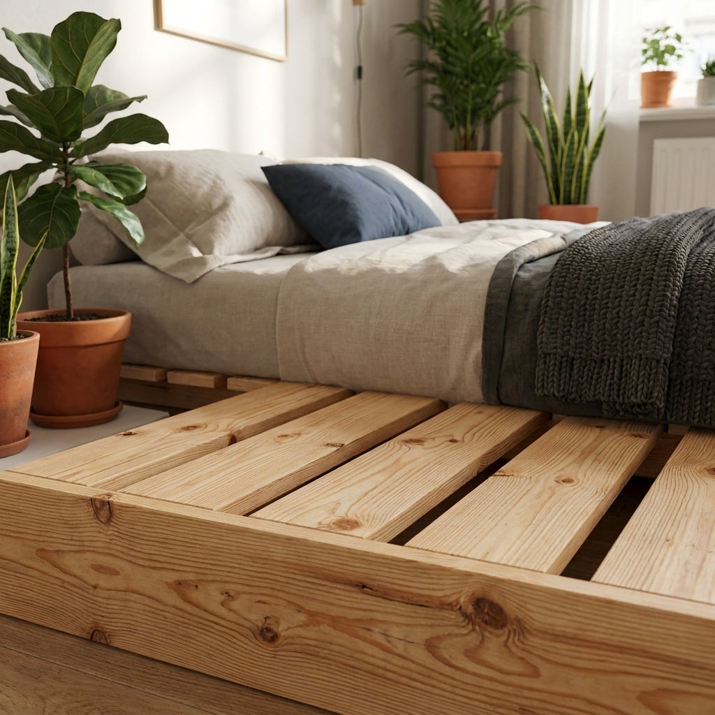 Détail du bois de pin massif et du sommier à lattes - StudioSoie