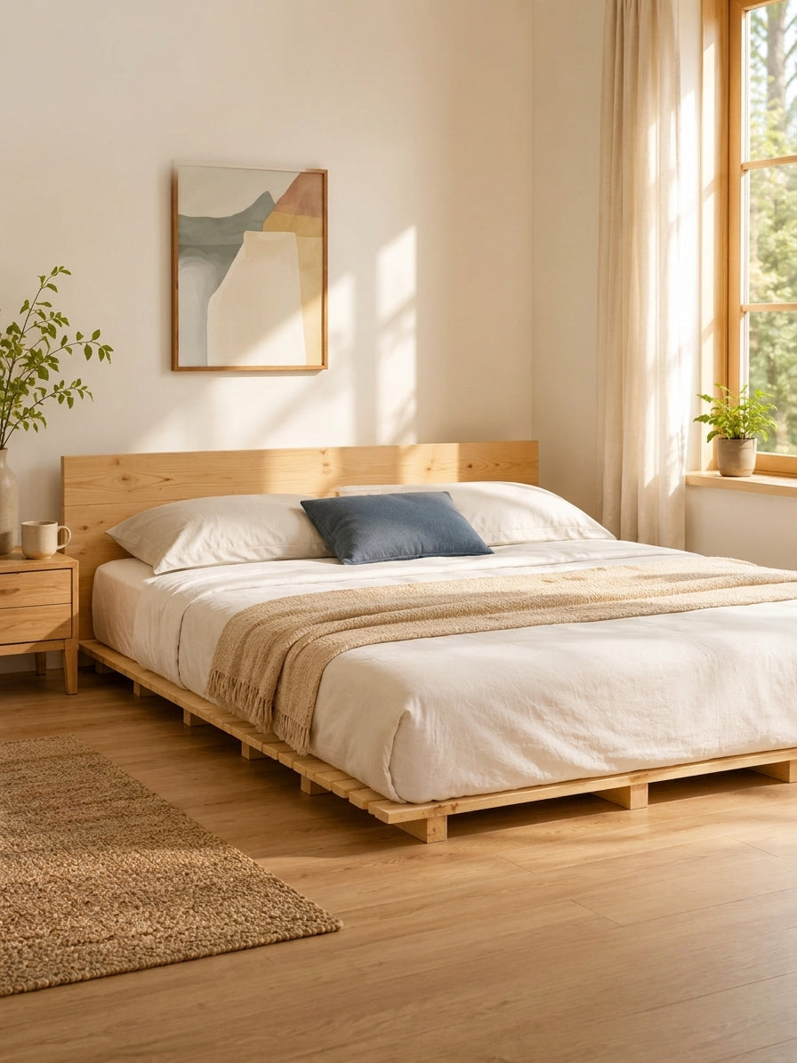 Lit en pin dans une chambre naturelle cosy - StudioSoie