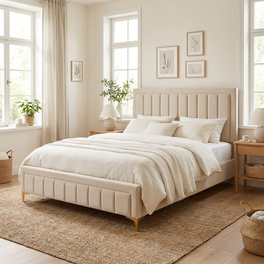 Lit double rembourré velours beige StudioSoie, chambre lumineuse