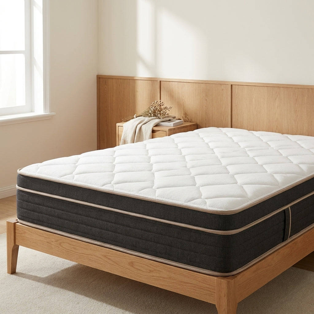 Matelas 7 zones 25 cm, dessus matelassé et bordure anthracite, vue 3/4