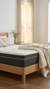 Matelas 7 zones sur lit en chêne près d'une fenêtre, lumière dorée