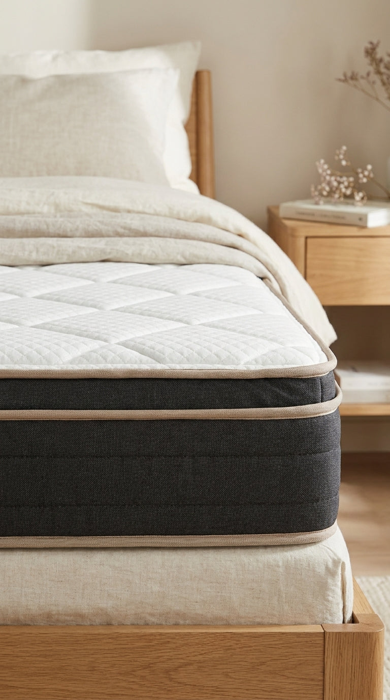 Profil du matelas 25 cm : dessus matelassé et bordure anthracite - StudioSoie
