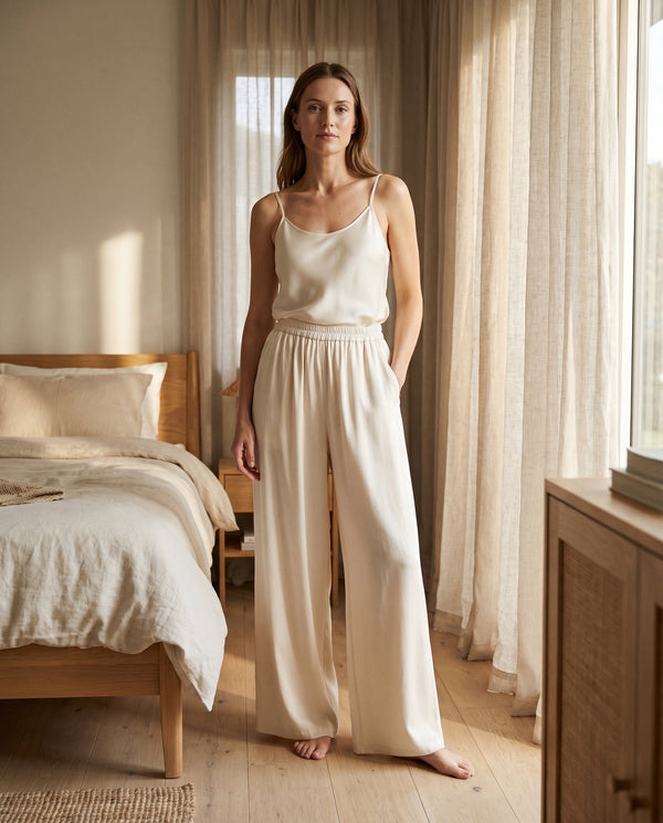 Pantalón ancho de 95% seda de morera - cintura elástica para mujer