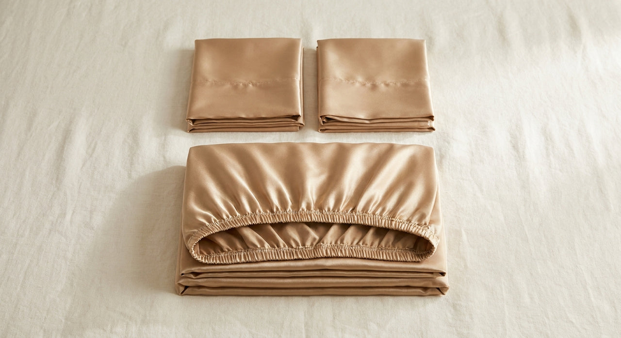 Parure de lit 3 pièces en satin glossy chameau - StudioSoie