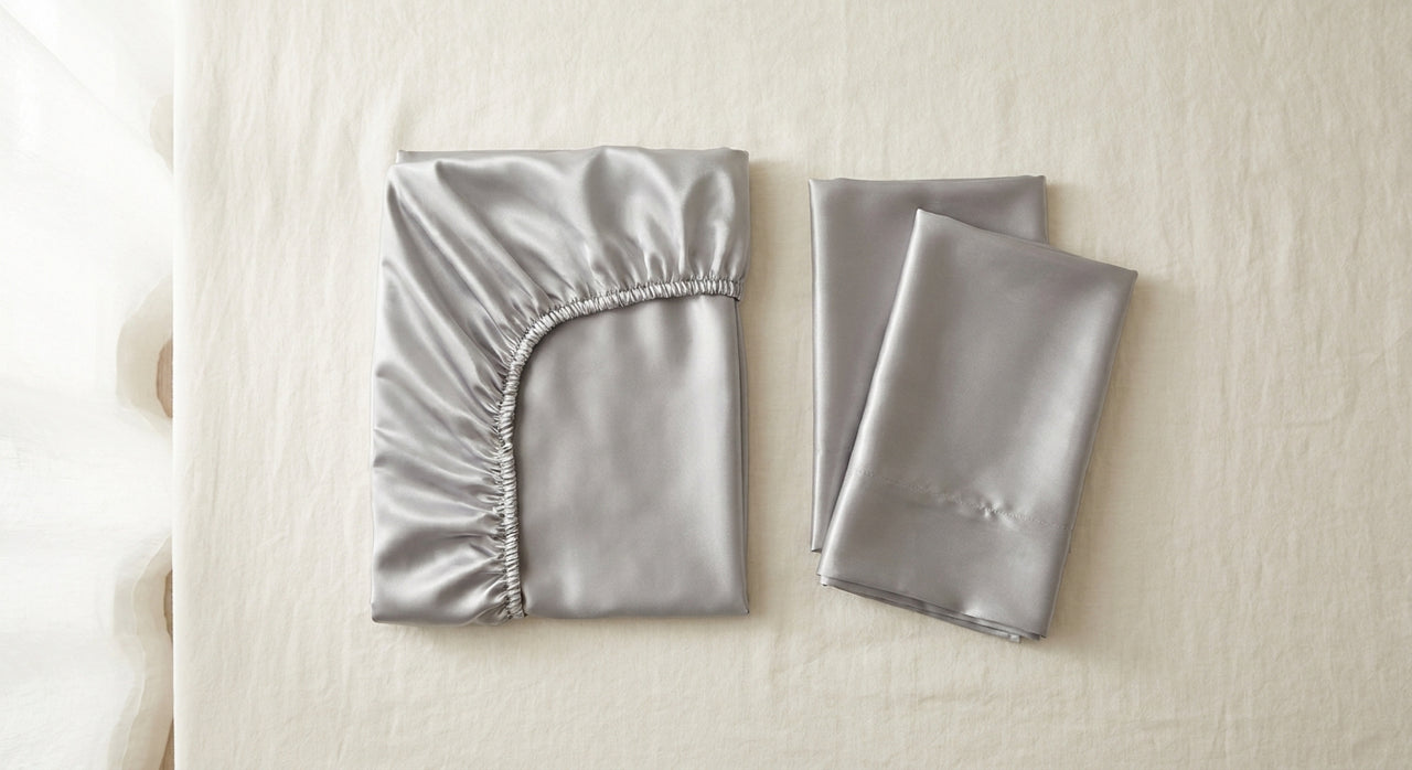 Parure de lit 3 pièces en satin glossy gris argenté - StudioSoie