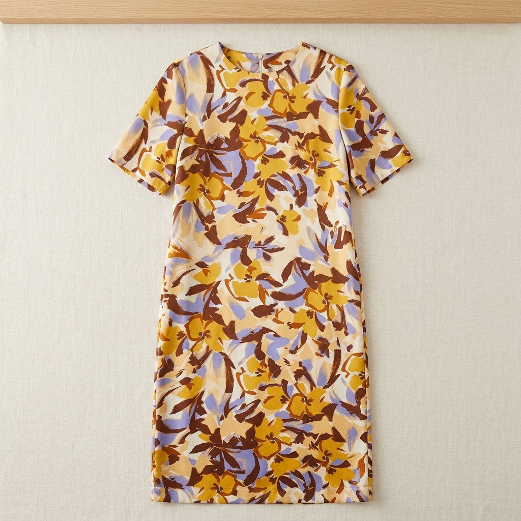 Robe droite en sergé de soie de mûrier – coloris Imprimé Safran – StudioSoie