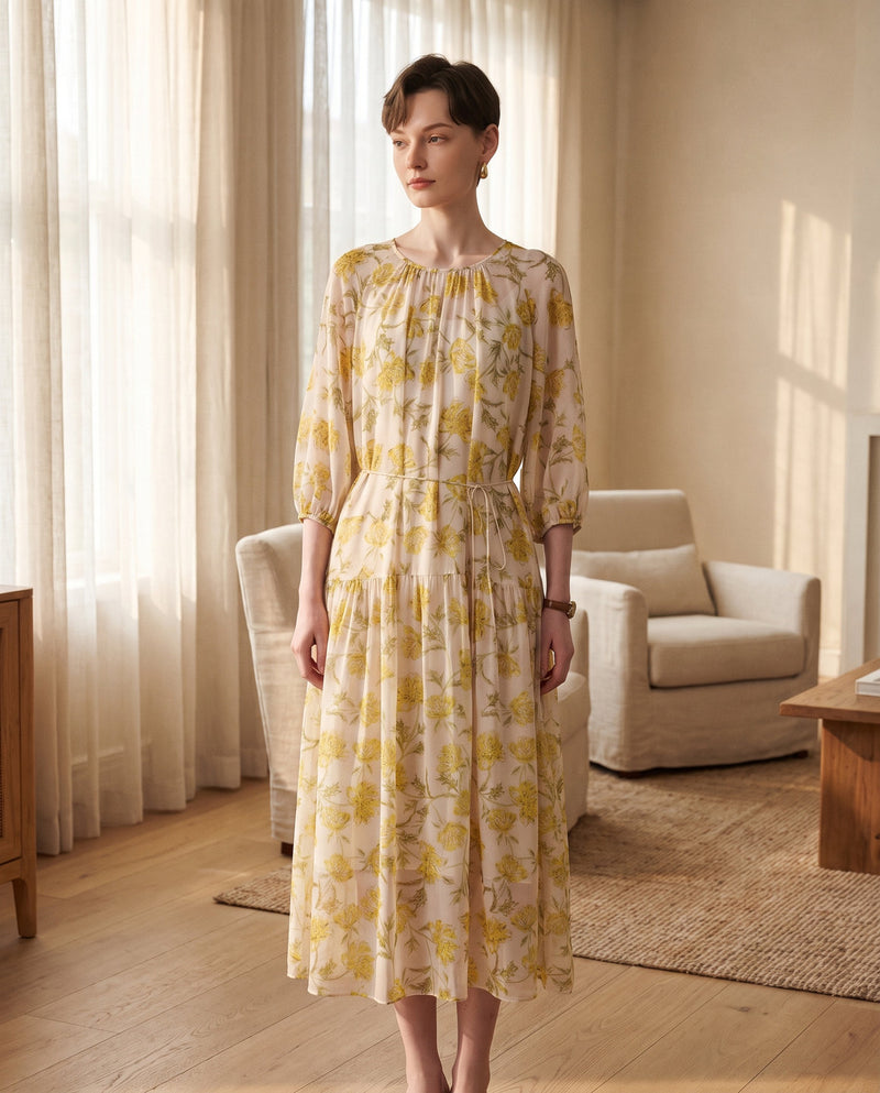 Robe Longue en Georgette de Soie de Mûrier Imprimée avec Fond de Robe - Femme