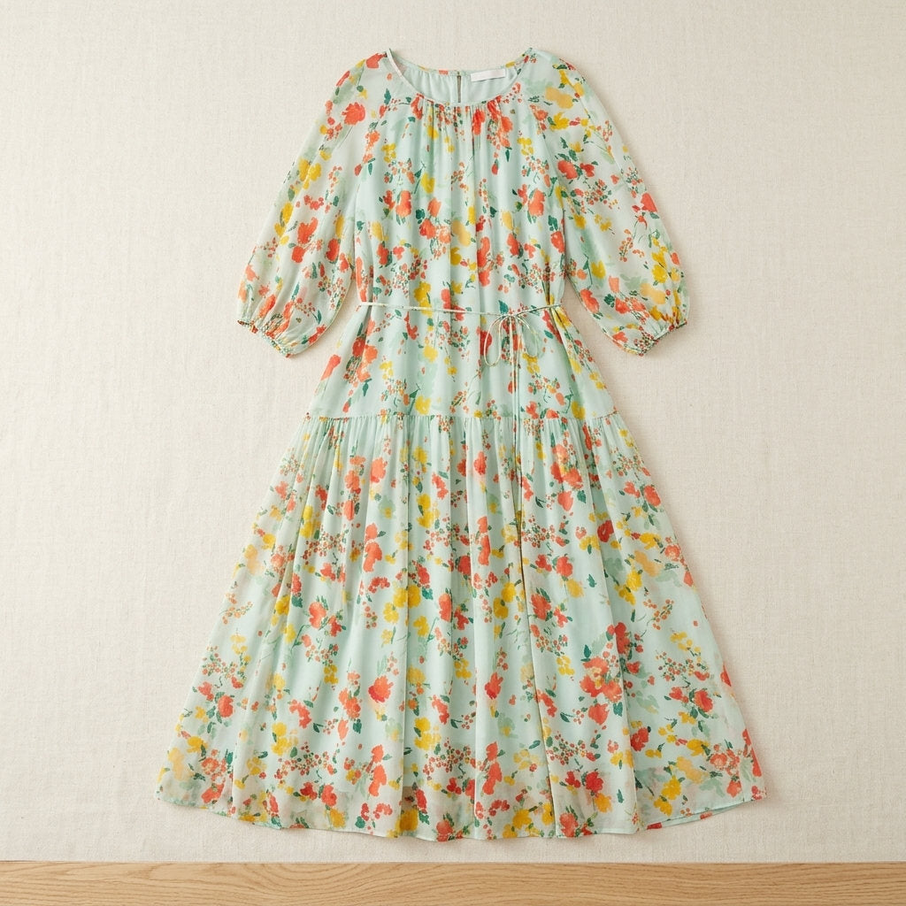 Robe longue en georgette de soie imprimée – coloris Jardin Vert – StudioSoie