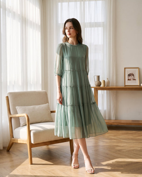 Vestido largo de seda de morera con volantes escalonados - Manga tres cuartos para mujer