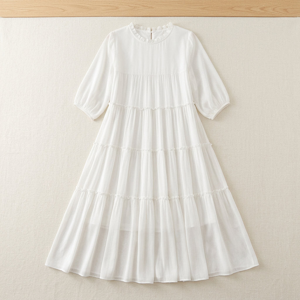 Robe longue en georgette de soie à volants – coloris Blanc – StudioSoie