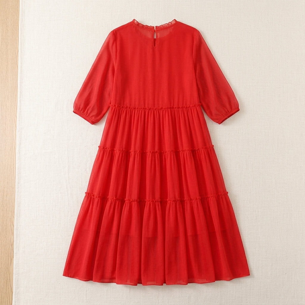 Robe longue en georgette de soie à volants – coloris Rouge – StudioSoie