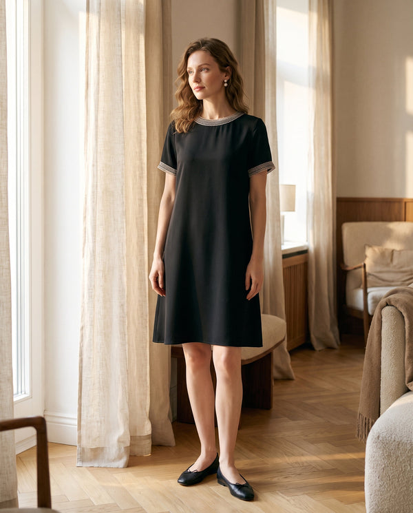Vestido negro de seda pesada de Hangzhou - cuello redondo con ribete y manga corta para mujer
