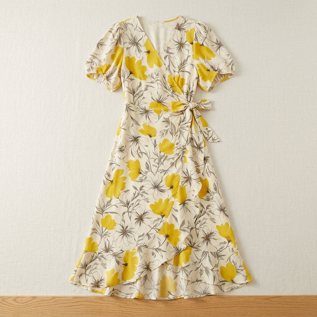 Robe portefeuille en crêpe de soie de mûrier – coloris Fleurs Jaunes – StudioSoie