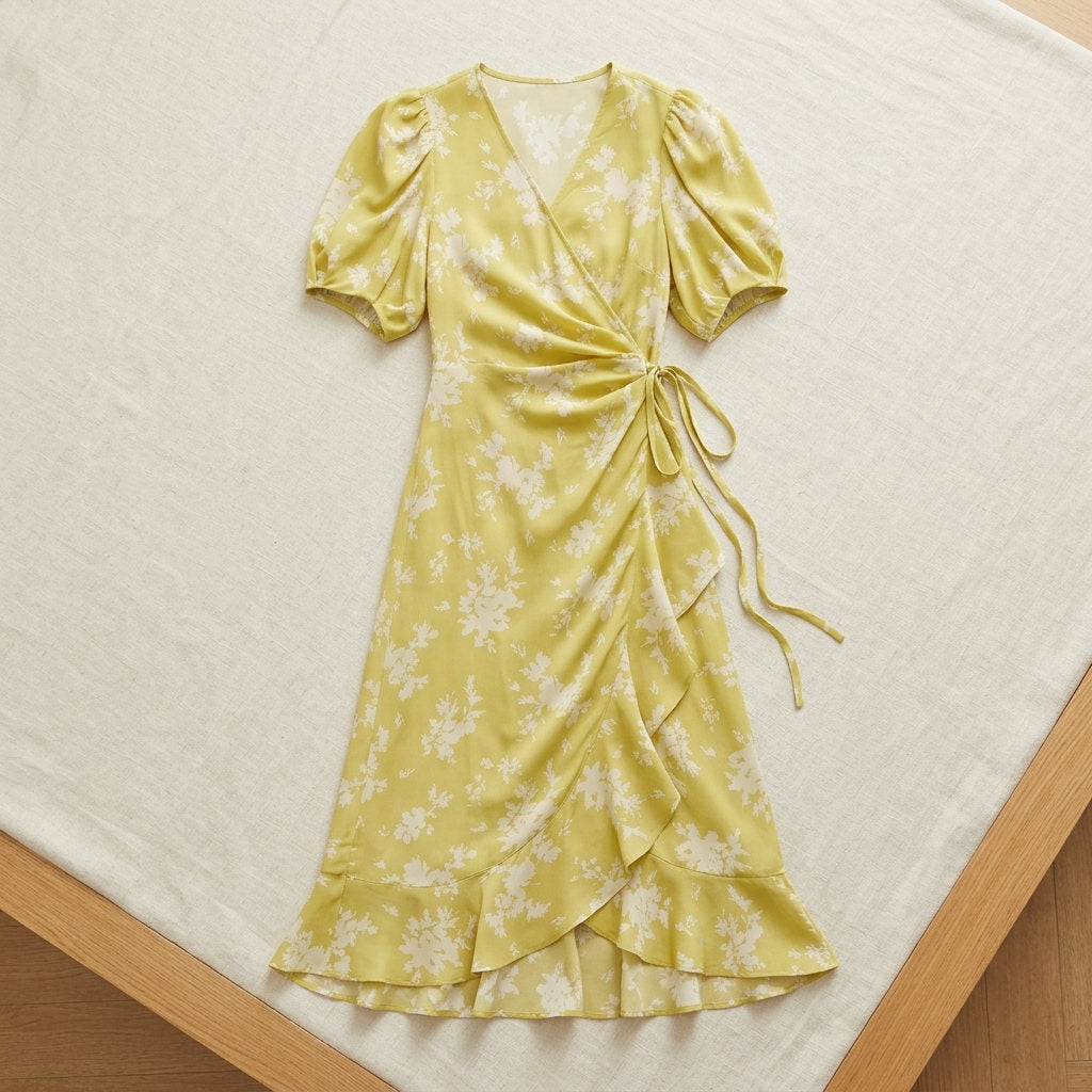 Robe portefeuille en crêpe de soie de mûrier – coloris Imprimé Anis – StudioSoie