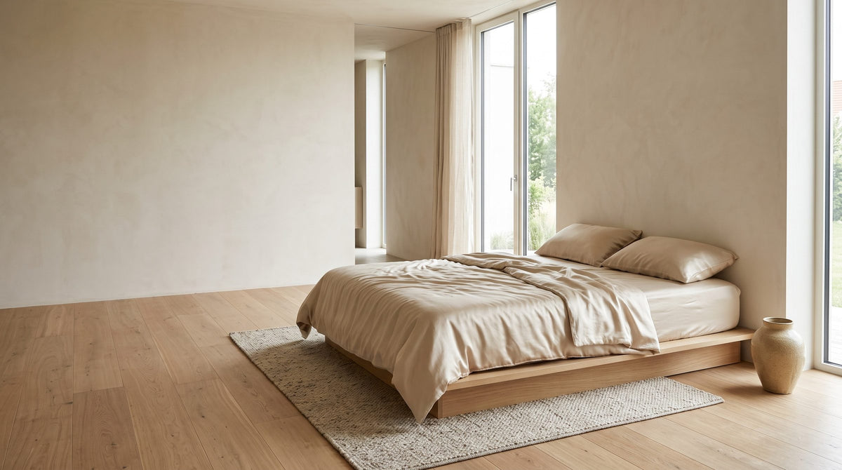Chambre StudioSoie, lit en soie de mûrier dans une lumière douce du matin