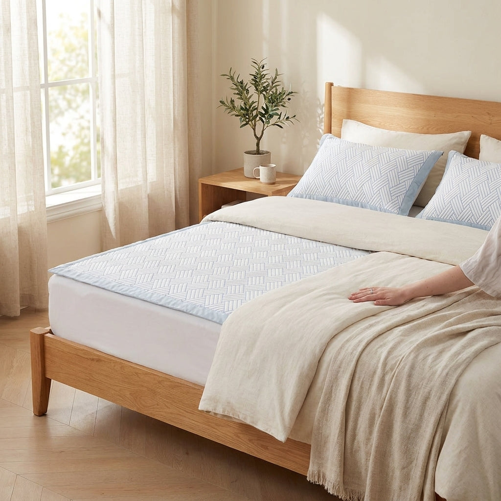 Surmatelas rafraîchissant et taies assorties sur un lit - StudioSoie