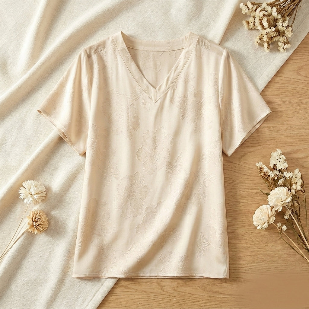T-Shirt Col V en Soie de Mûrier - Haut Manches Courtes Crêpe Jacquard Femme 100% Soie Naturelle - StudioSoie